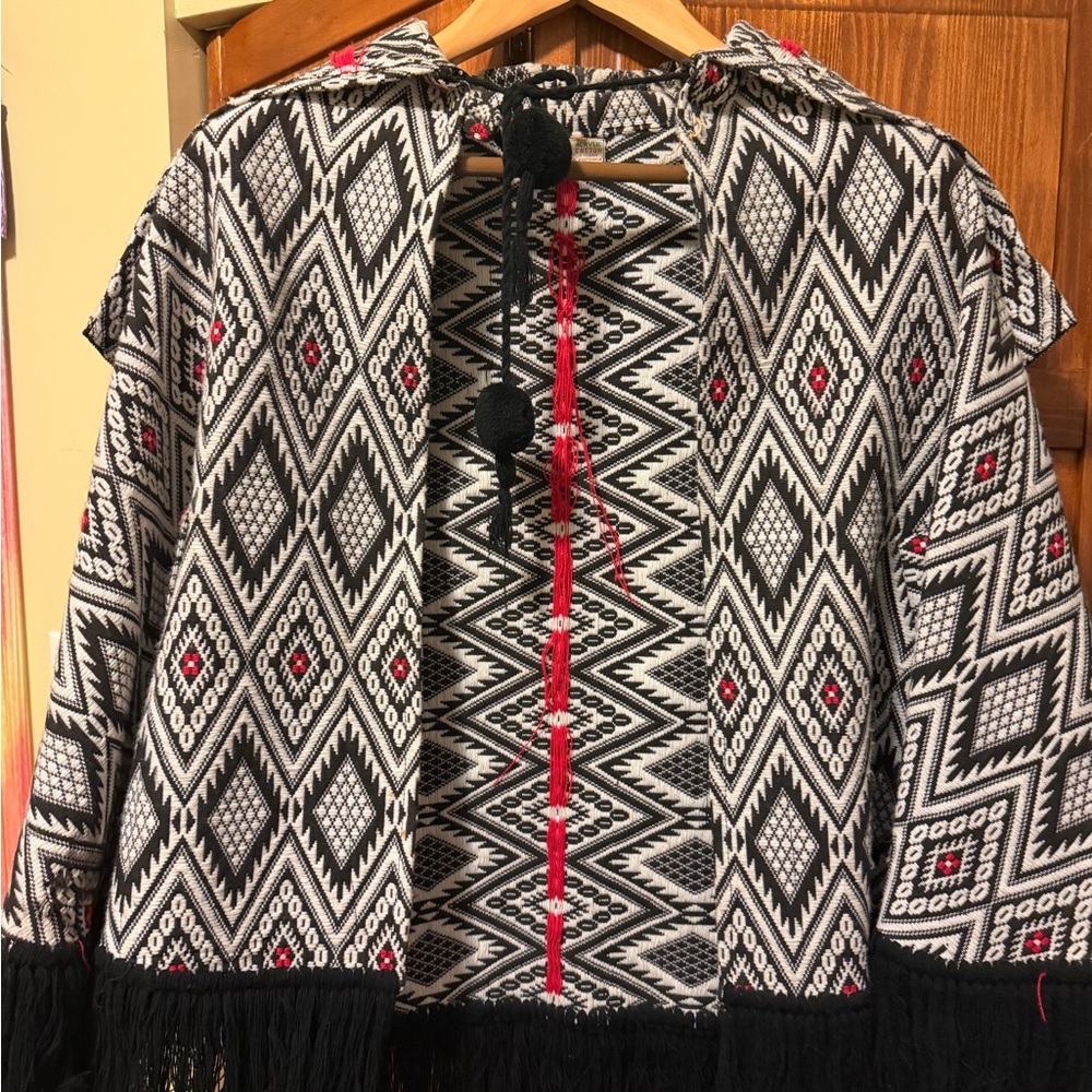 Vintage Guatemalan Black and Red Women's poncho cape with zipper hood